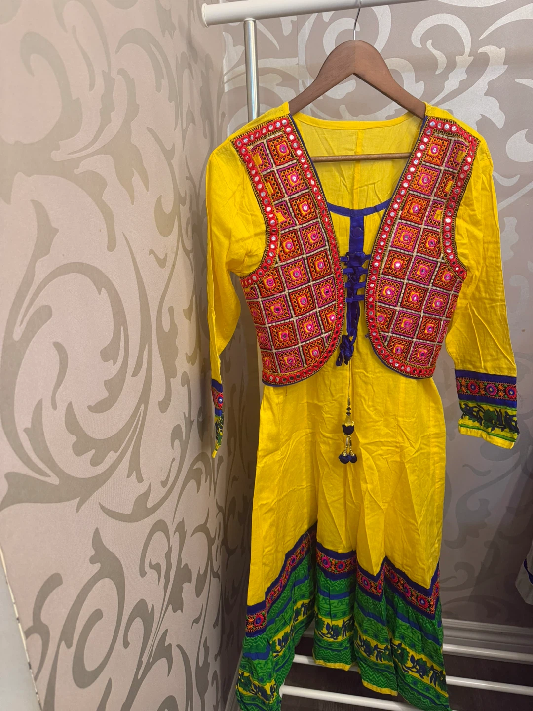 Yellow Embroidered Kurti with Mirror Work Vest