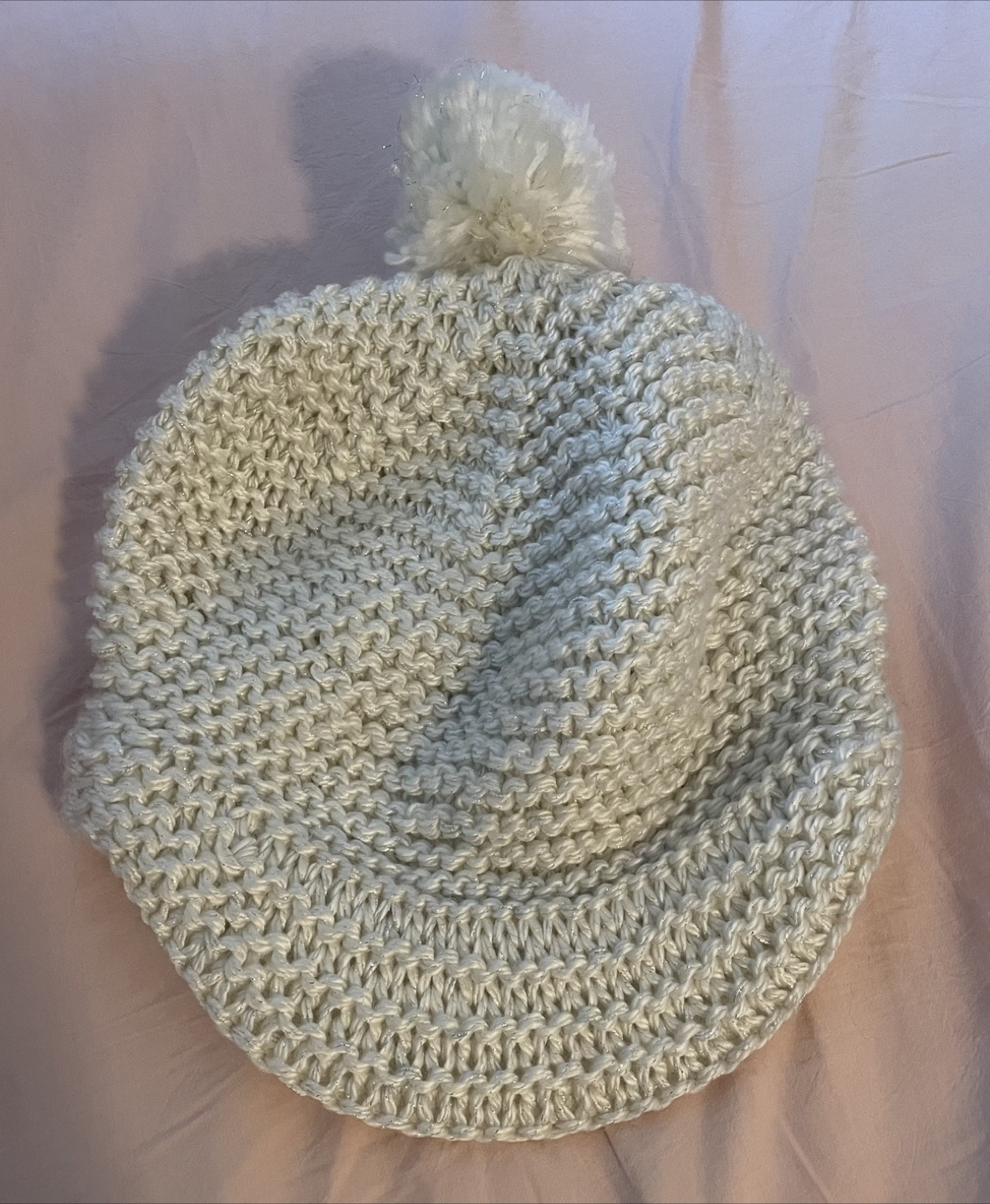 New White Knit Beanie with Pom Pom