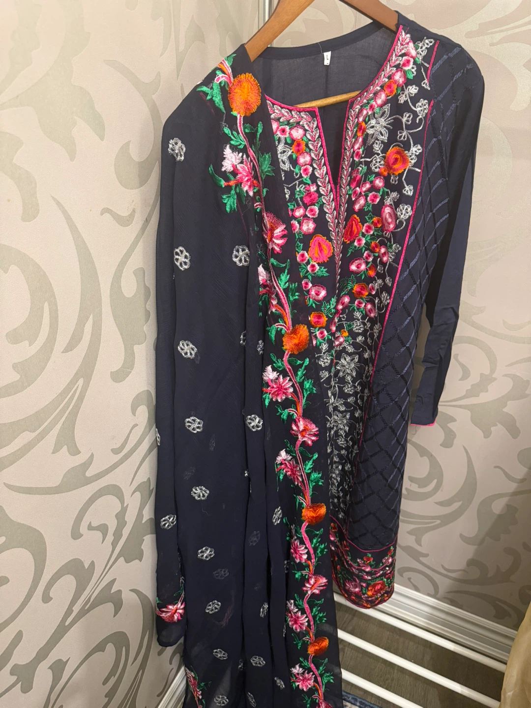 Embroidered Navy Blue Kurti with Pants and Shafoon dupatta