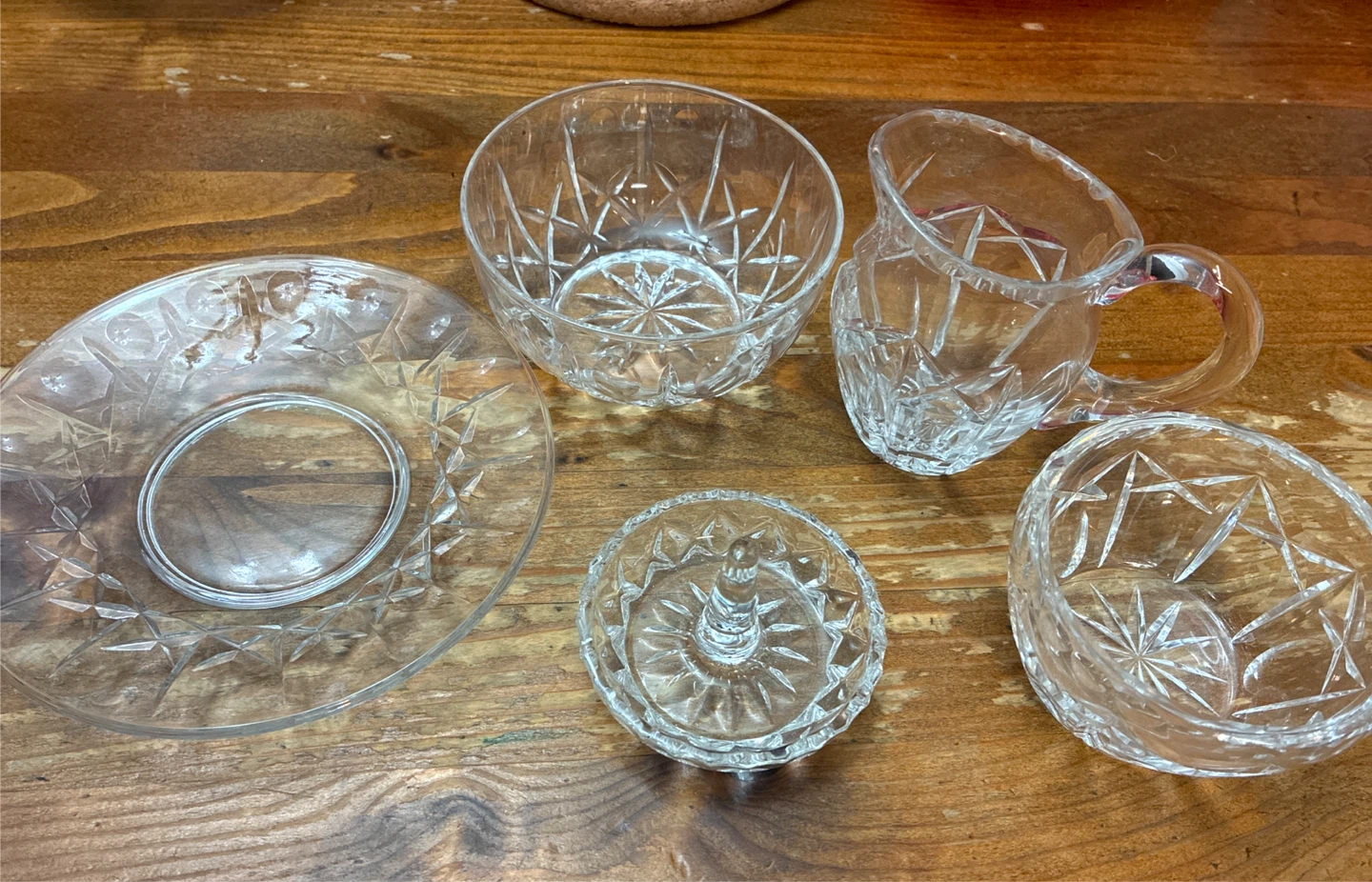 Vintage 5 piece Crystal Glassware Set Serving Bowls and Pitcher