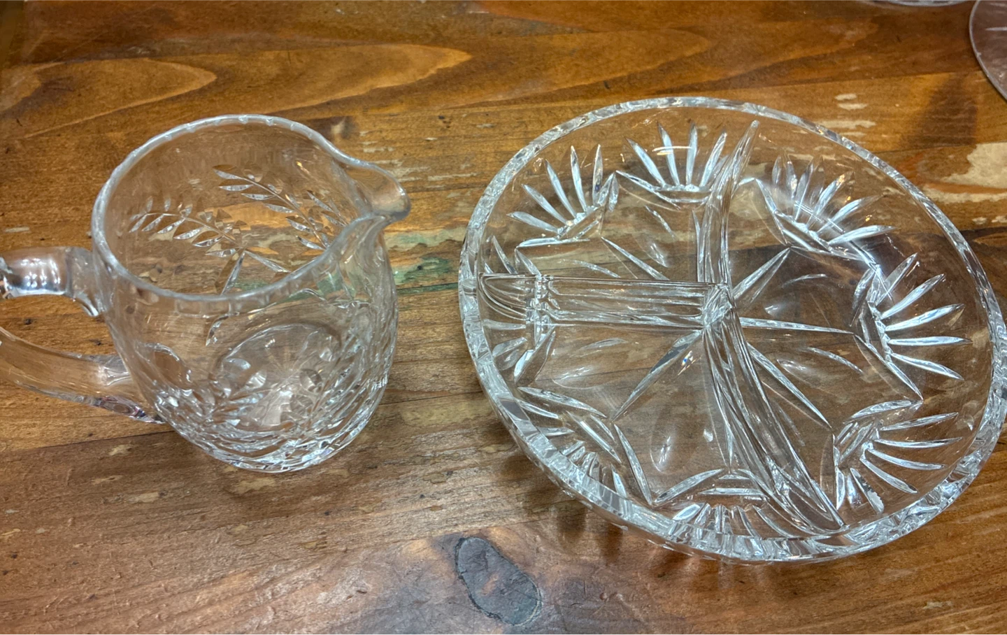 Vintage Crystal Glass Creamer Pitcher and Relish Dish Set