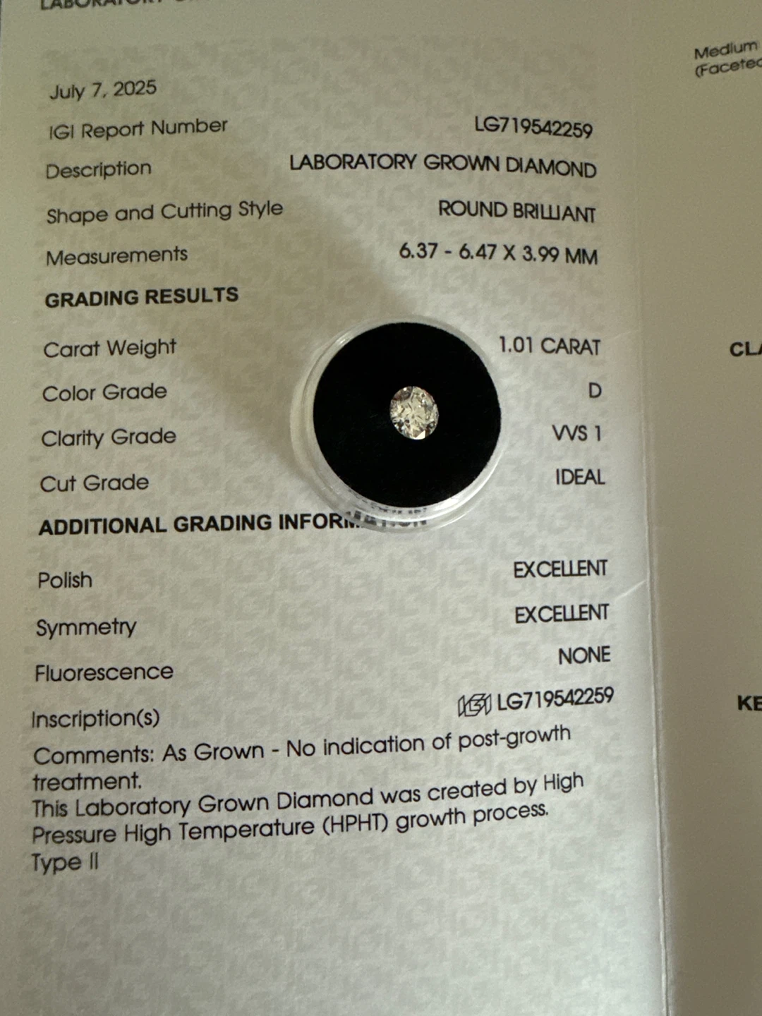 1.01 Carat Round Brilliant Diamond D VVS1