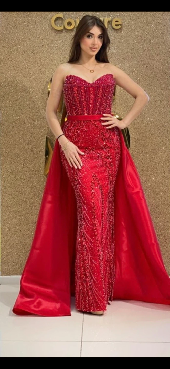 Red Sequin Strapless Gown with Detachable Skirt