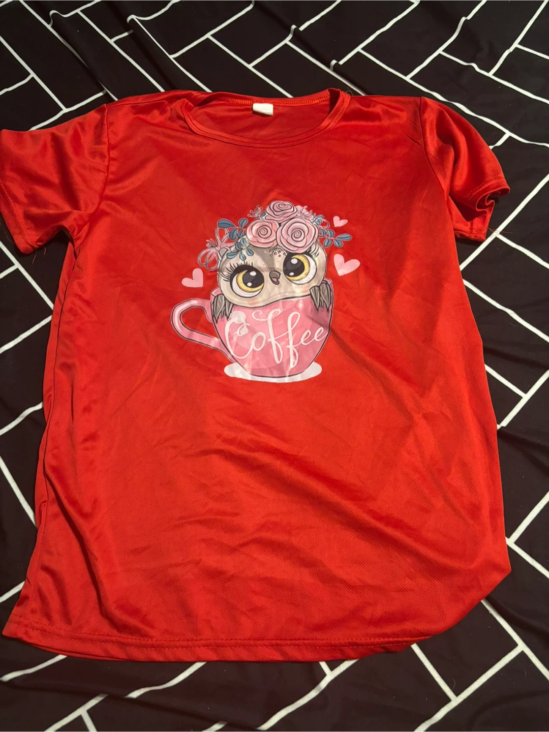 Red T-Shirt with Owl and Coffee Graphic