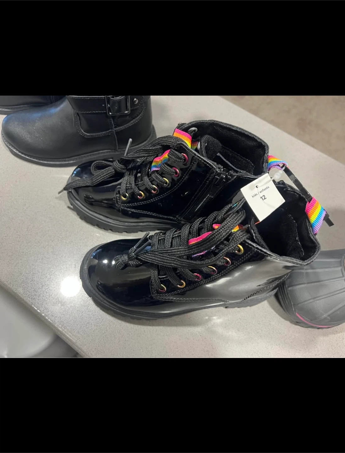 Black Patent Combat Boots with Rainbow Accents - Size 12