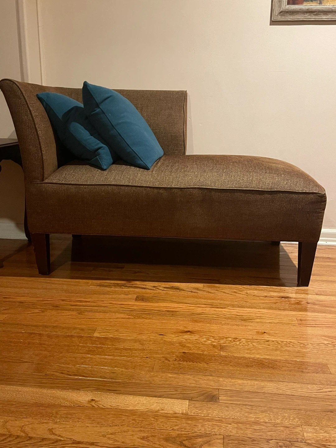 Brown Chaise Lounge with Teal Pillows
