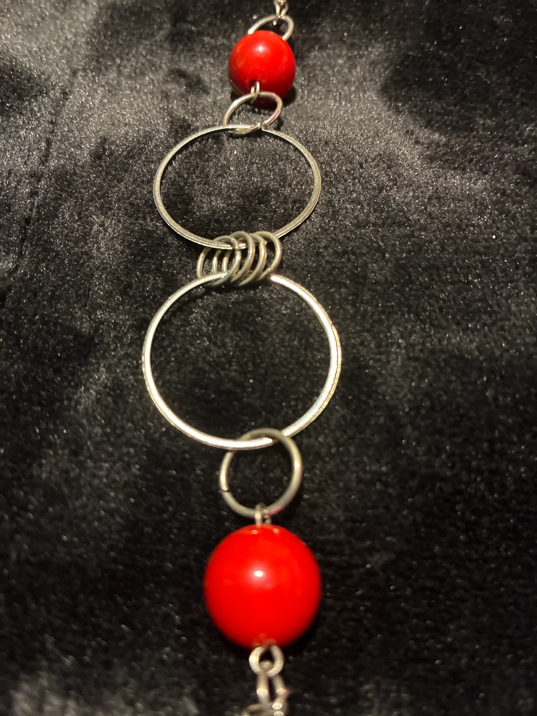 Silver Tone Necklace and Hoop Earrings Set with Red Beads - photo 4