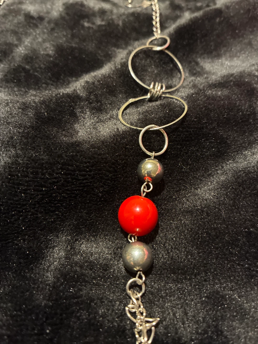 Silver Tone Necklace and Hoop Earrings Set with Red Beads - photo 2