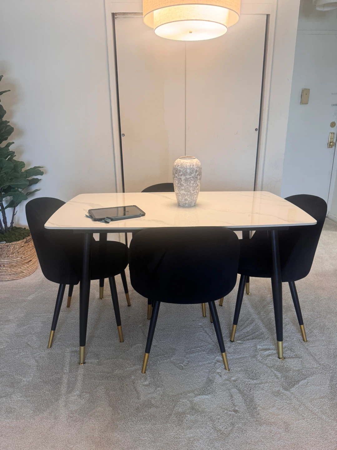 White Marble Dining Table and Black Velvet Chairs Set