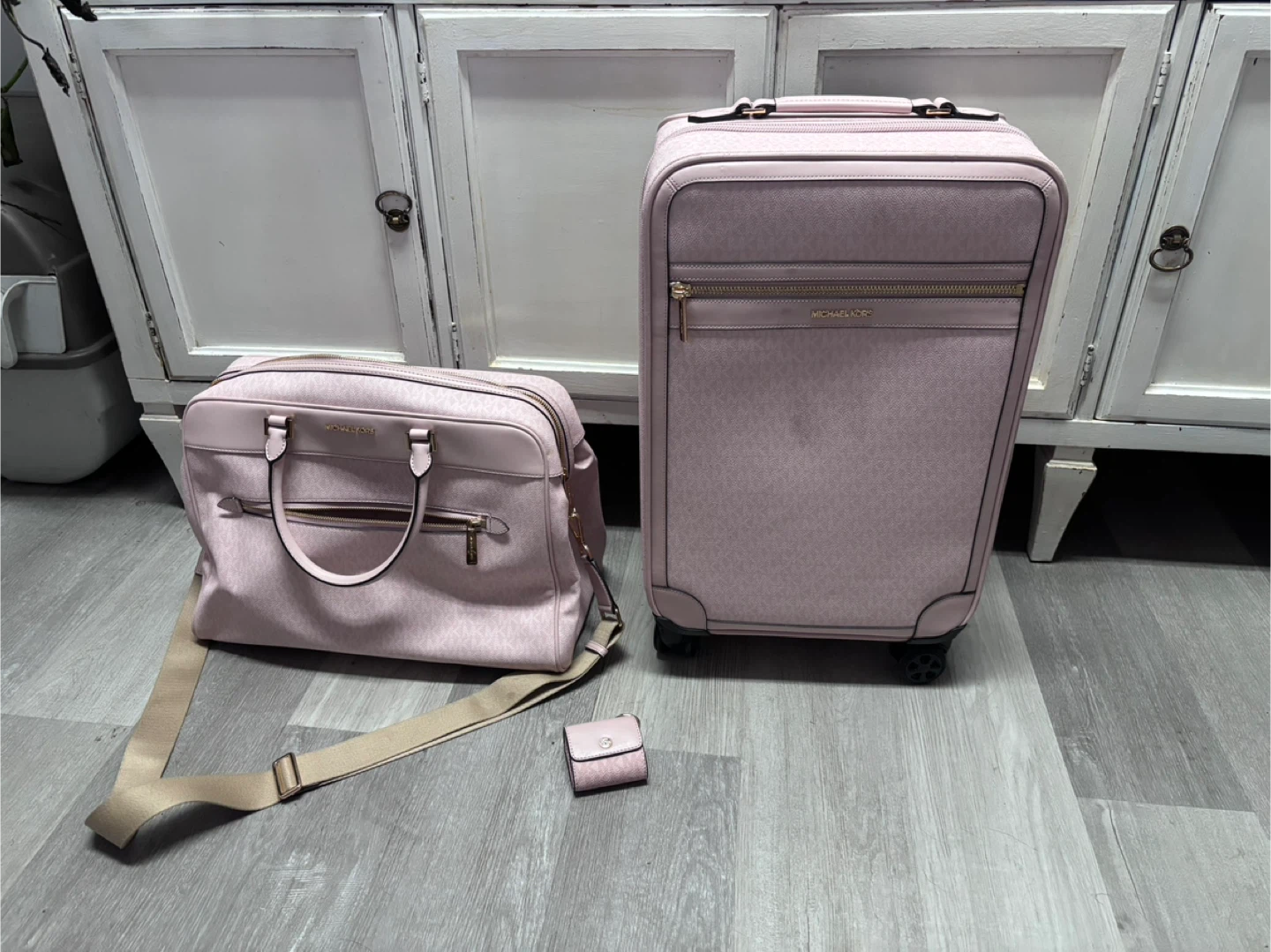 Michael Kors Pink MK Signature Rolling Suitcase & Duffle Bag Set