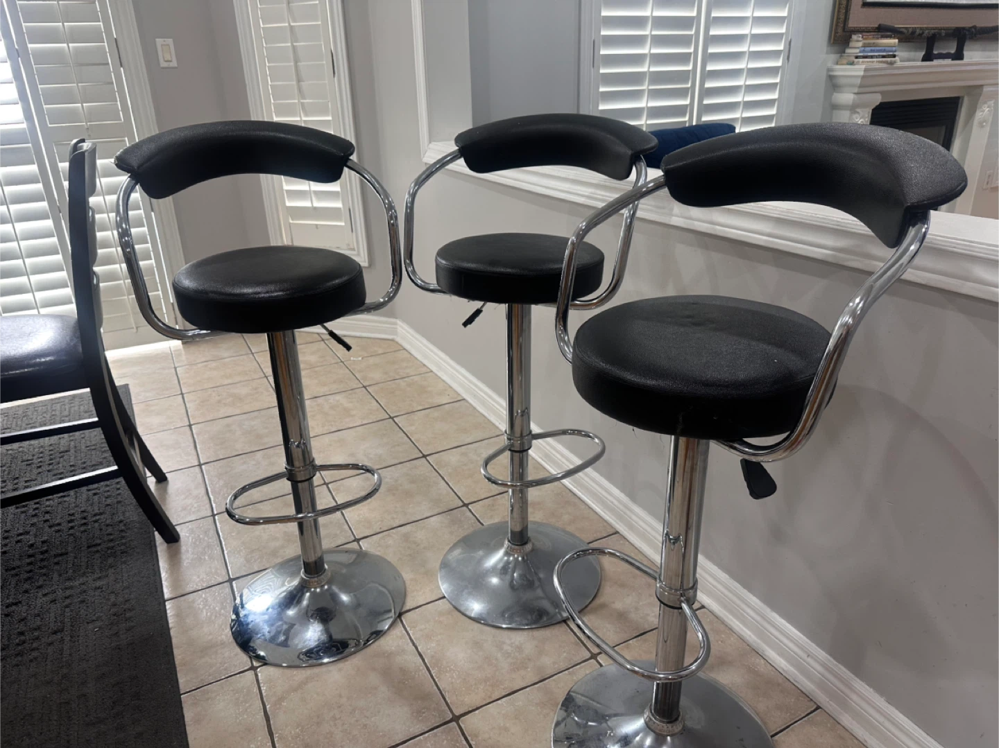 Set of 3 Black Bar Stools with Chrome Base