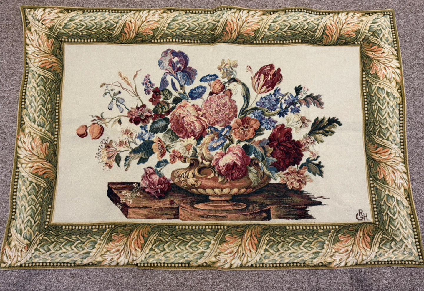 European Woven Tapestry Wall Hanging Floral Vase