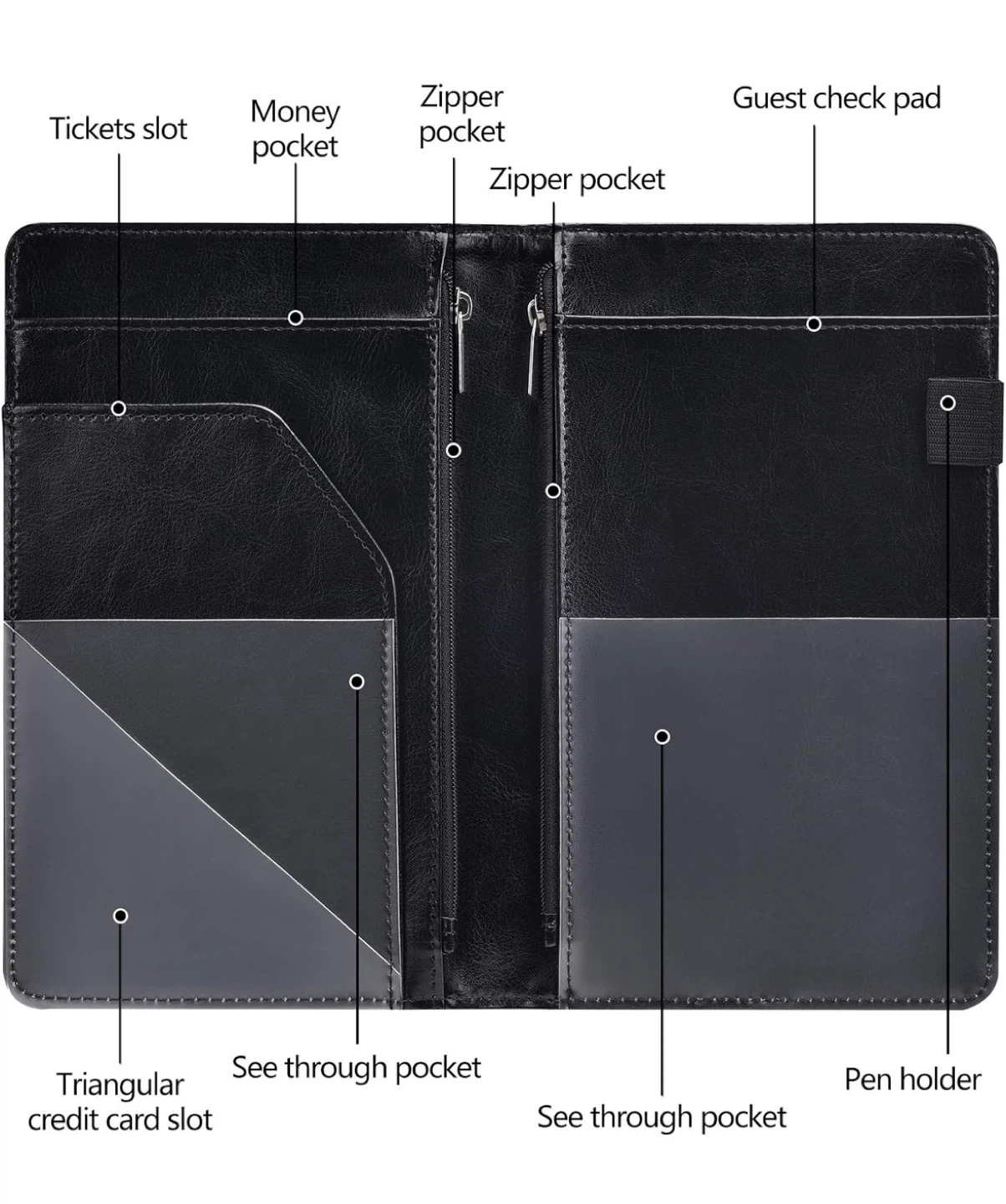 Black Leather Server Book with Zippered Pockets