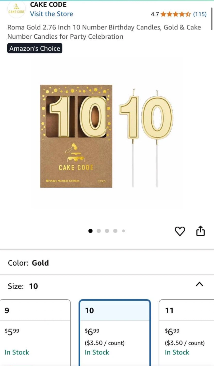 CAKE CODE Gold Number 10 Birthday Candle🏆
