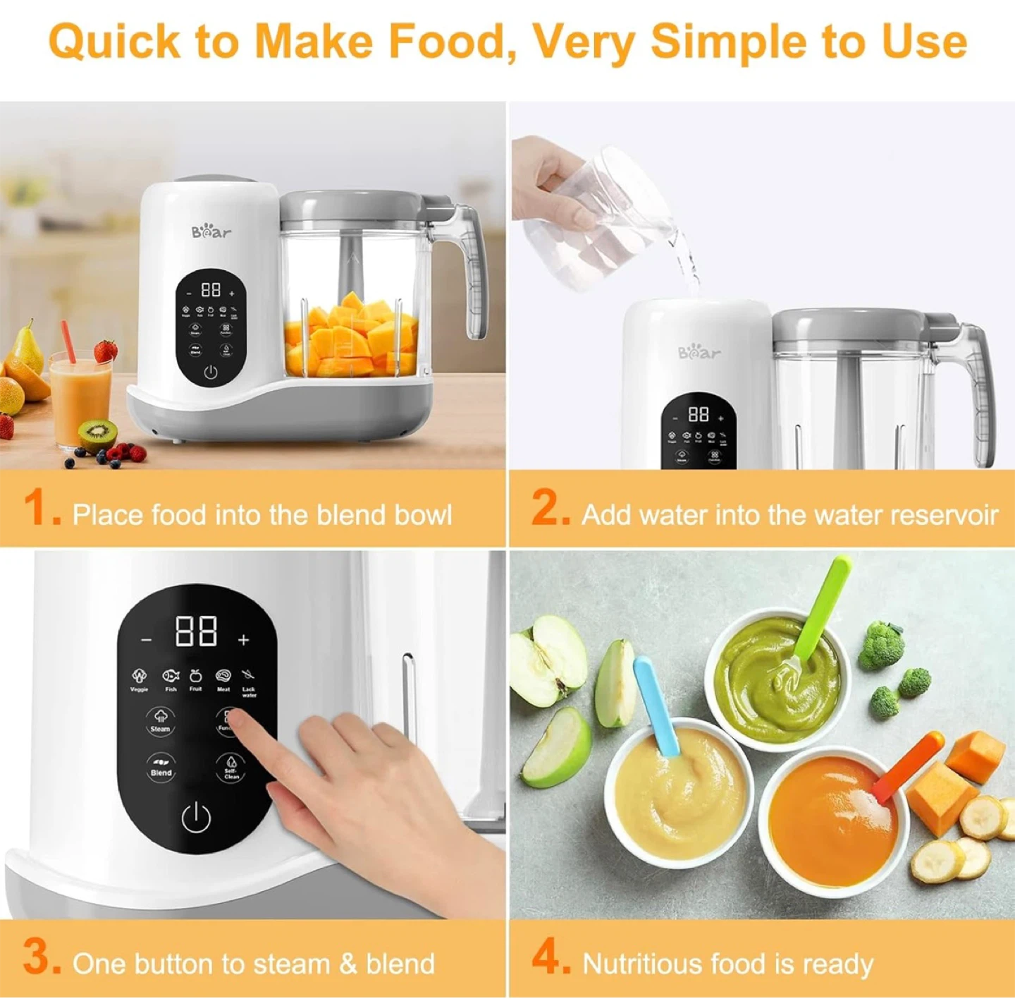Bear Baby Food Maker Steamer and Blender SJJ-R03B5 White - photo 5