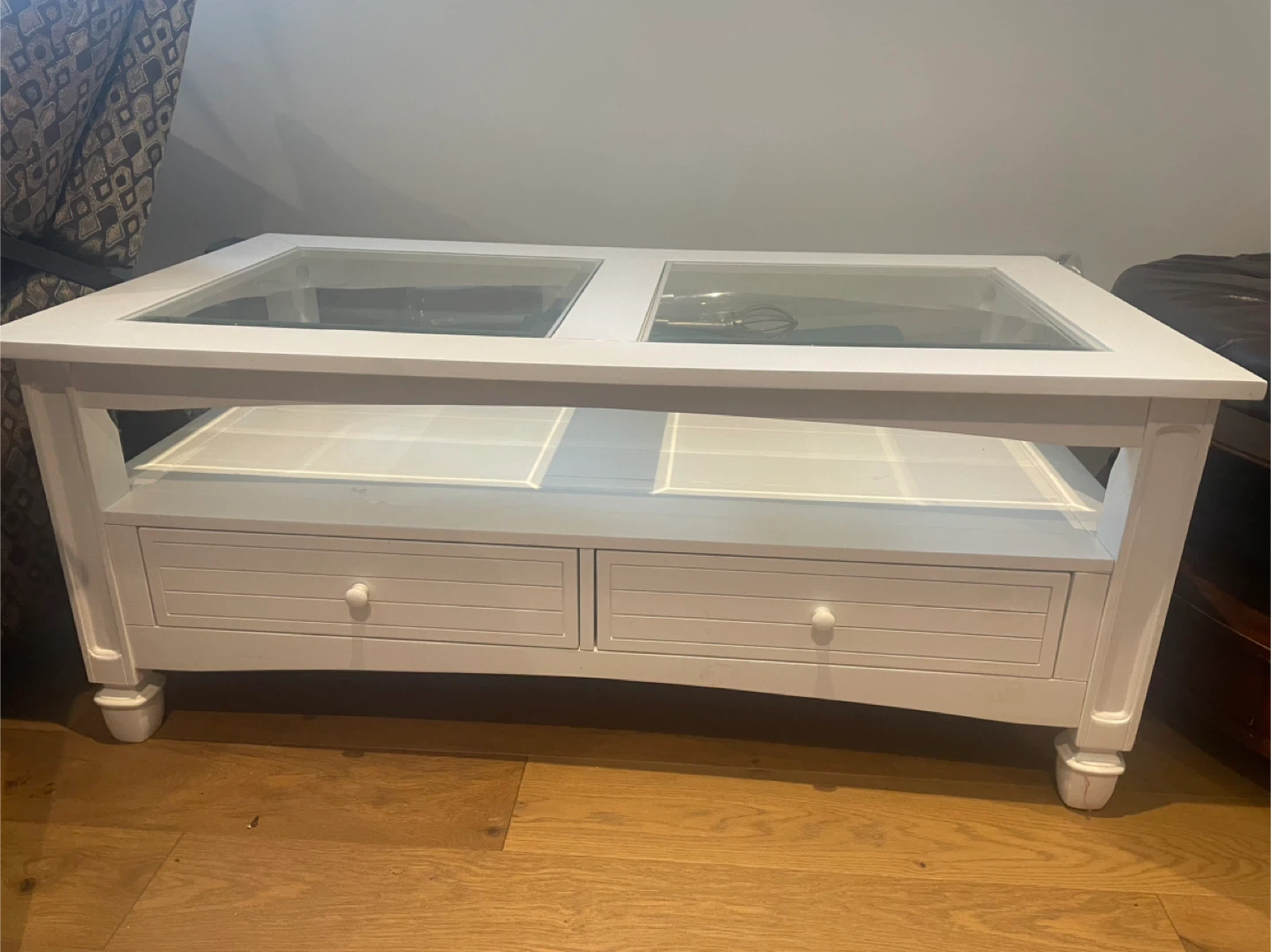 White Coffee Table with Glass Top and Drawers