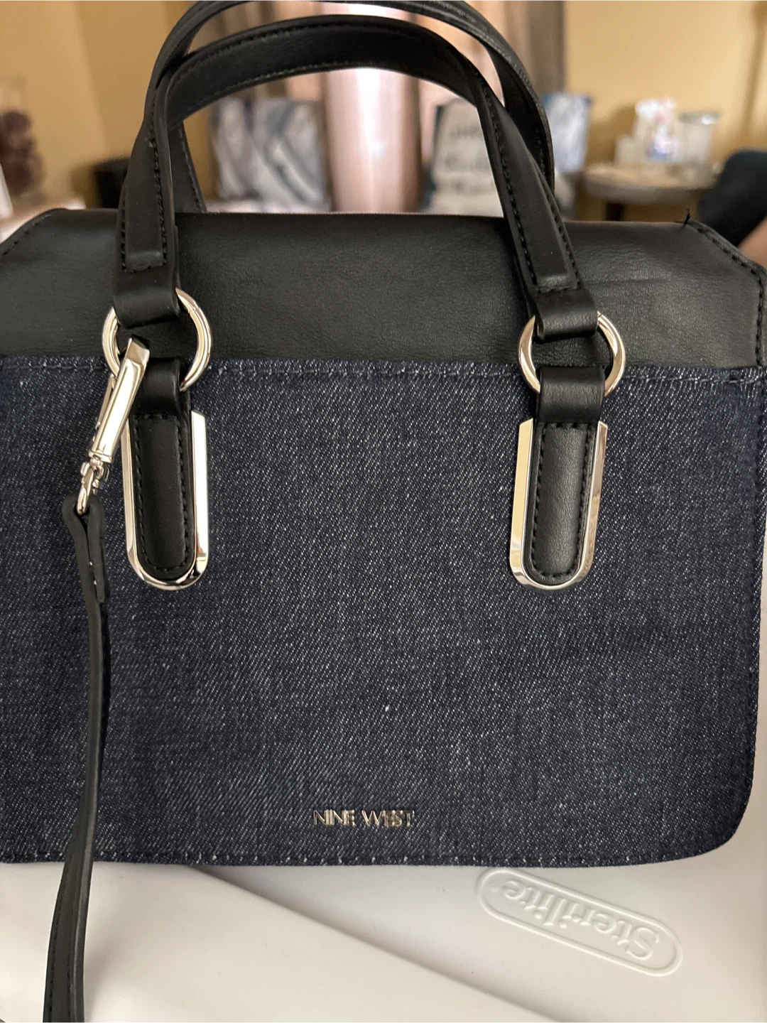 Nine West Denim and Black Faux Leather Handbag