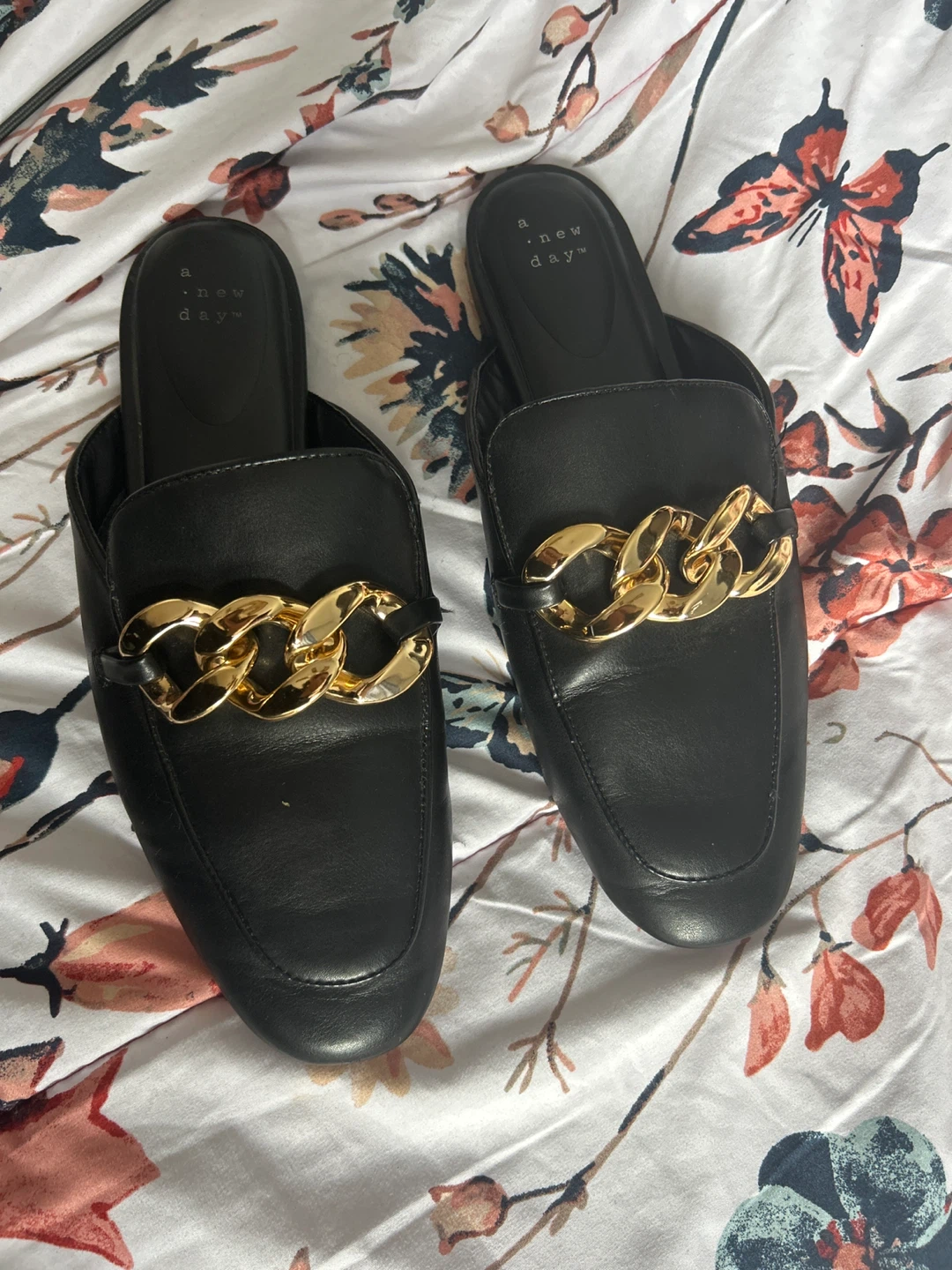 A New Day Black Mules with Gold Chain - Size 9.5
