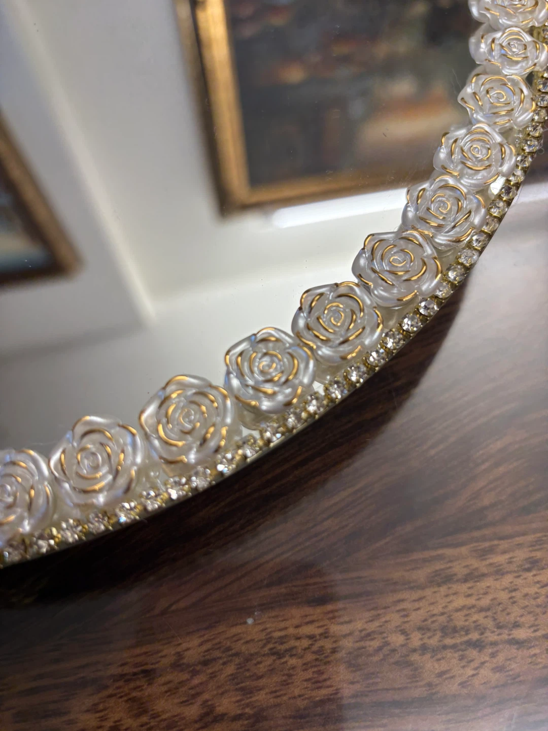 round mirror with white floral and gold rhinestone - photo 2