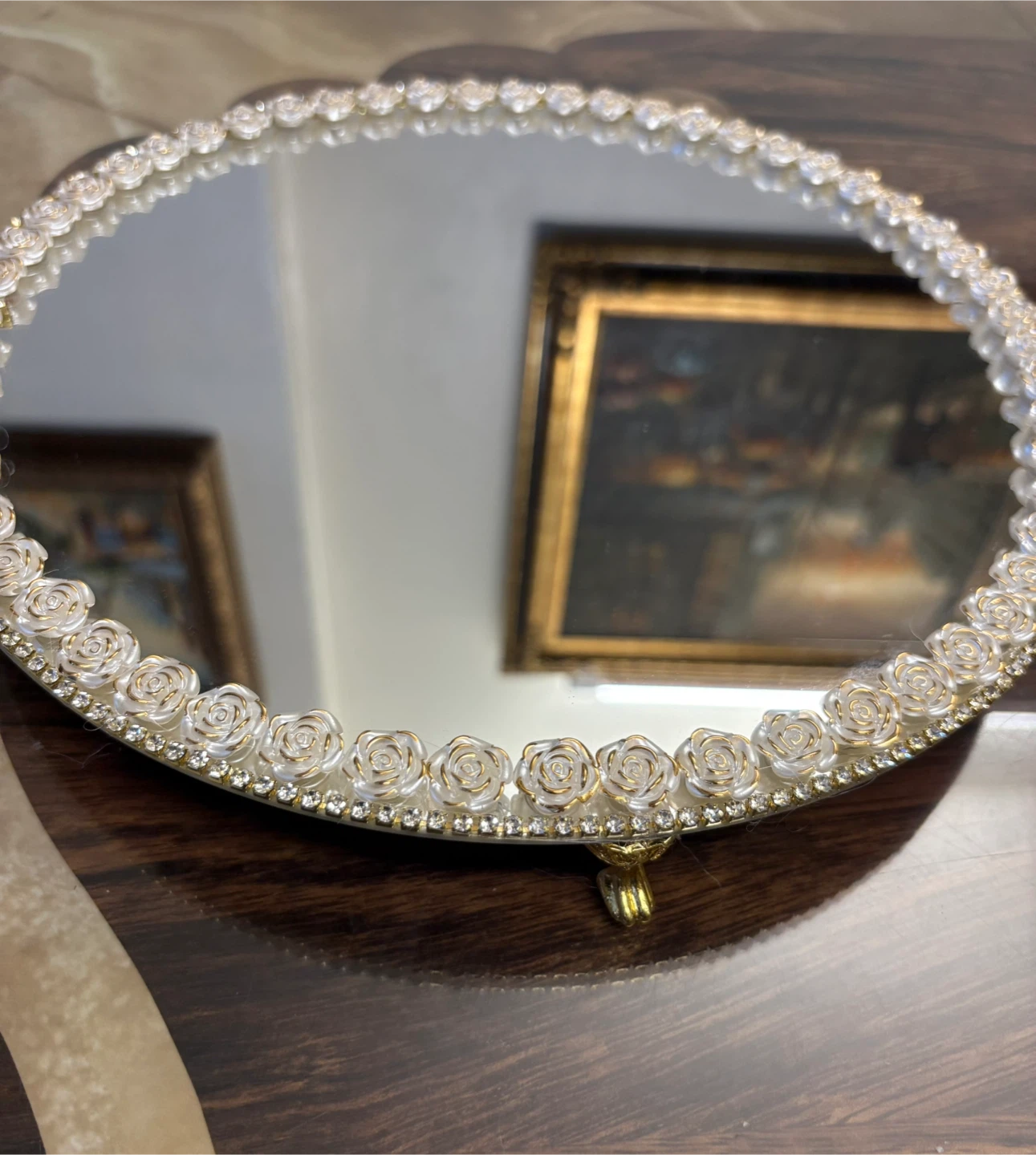 round mirror with white floral and gold rhinestone - photo 4