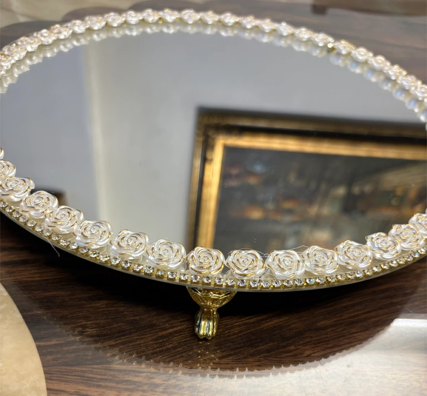 round mirror with white floral and gold rhinestone - photo 3