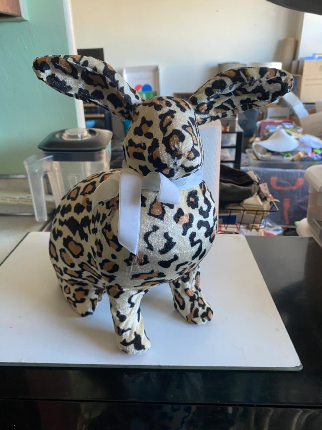 Leopard Print Plush Bunny Rabbit Figurine with White Ribbon