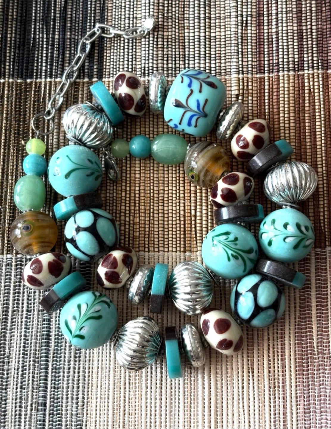 Ceramic Beaded Necklace with Turquoise and Amber Accents