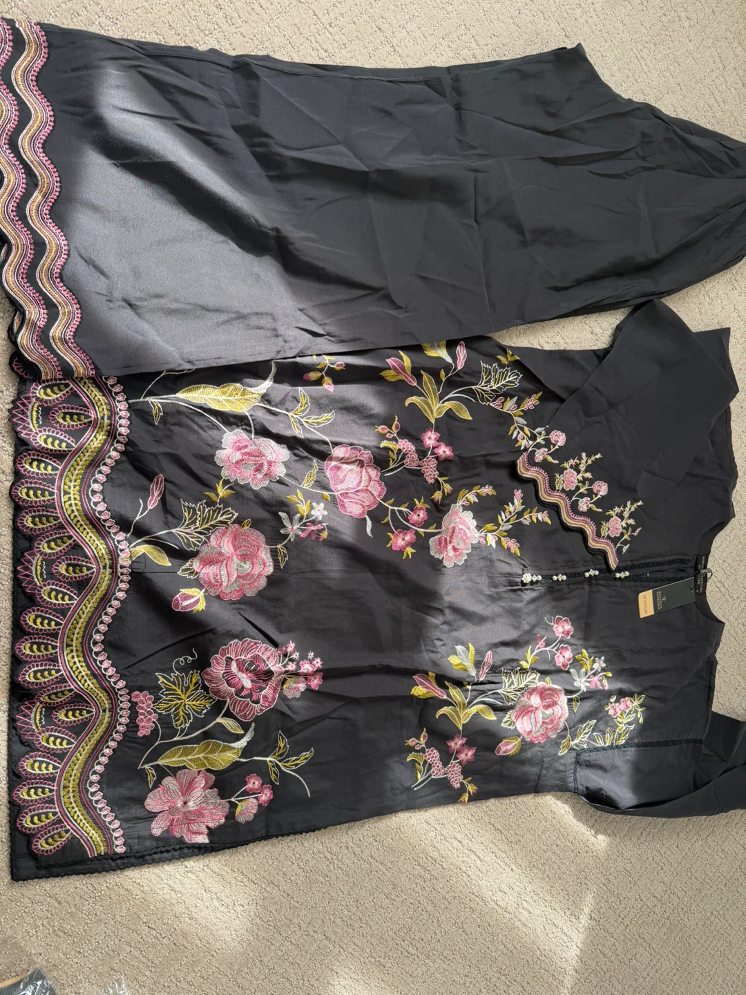 Bonanza satrangi  Black Floral Embroidered Kurti and Pants Set