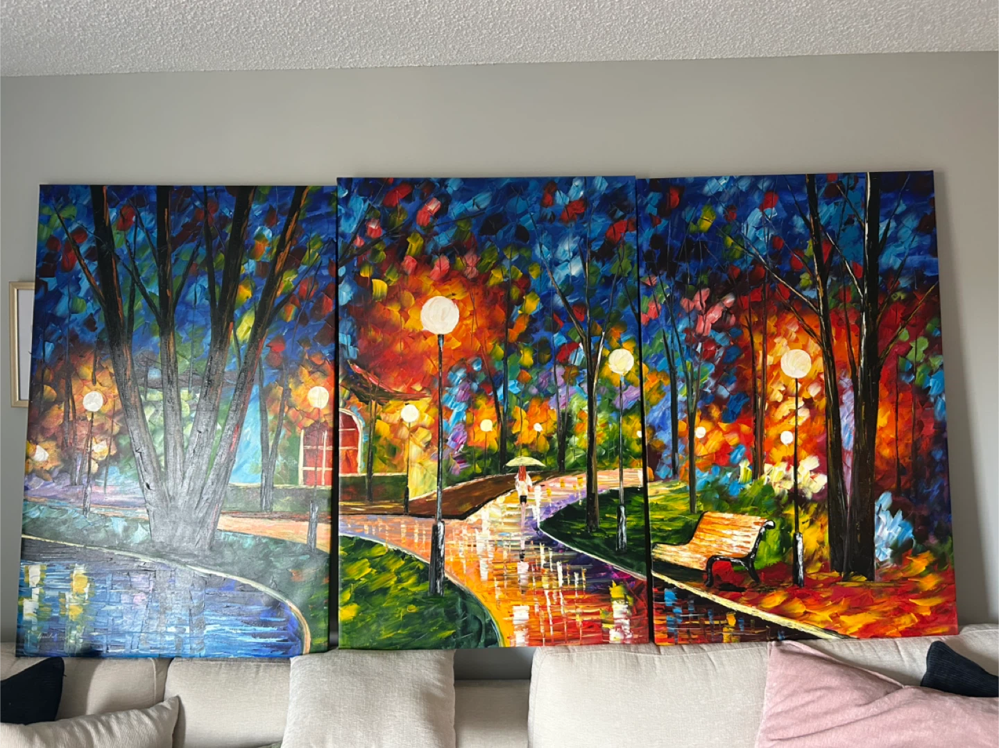 3-Panel Oil Painting of a Park Scene at Night