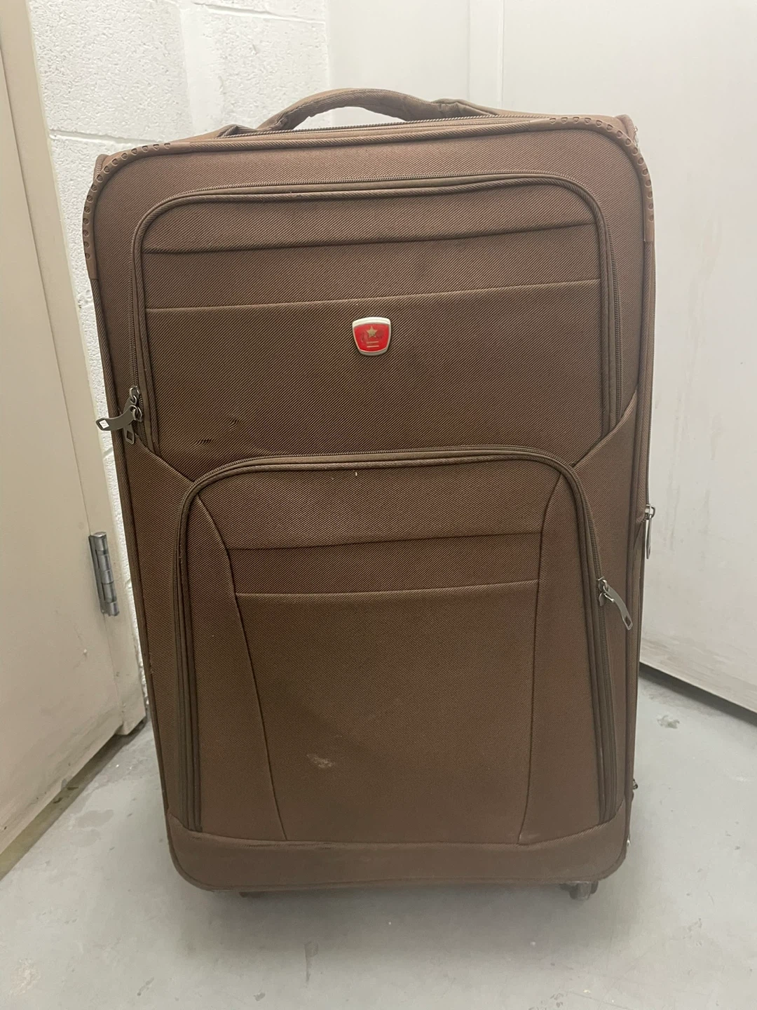 Brown Fabric Suitcase with Telescoping Handle