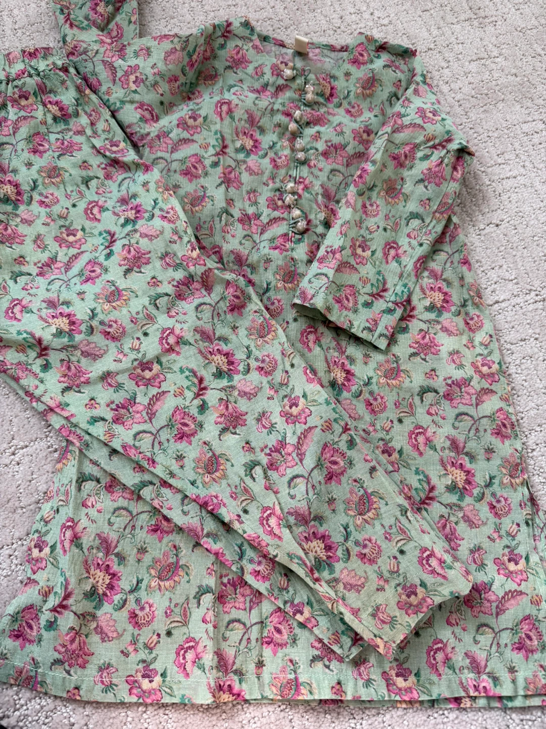 Light Green Floral Print Kurta and Pants Set