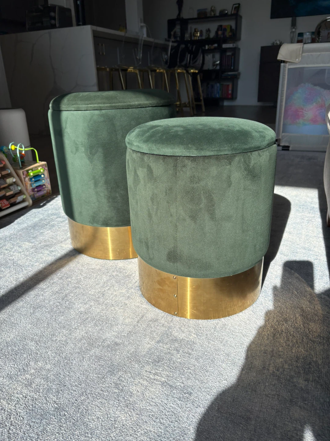 Set of 2 Green Velvet Storage Ottomans with Gold Base