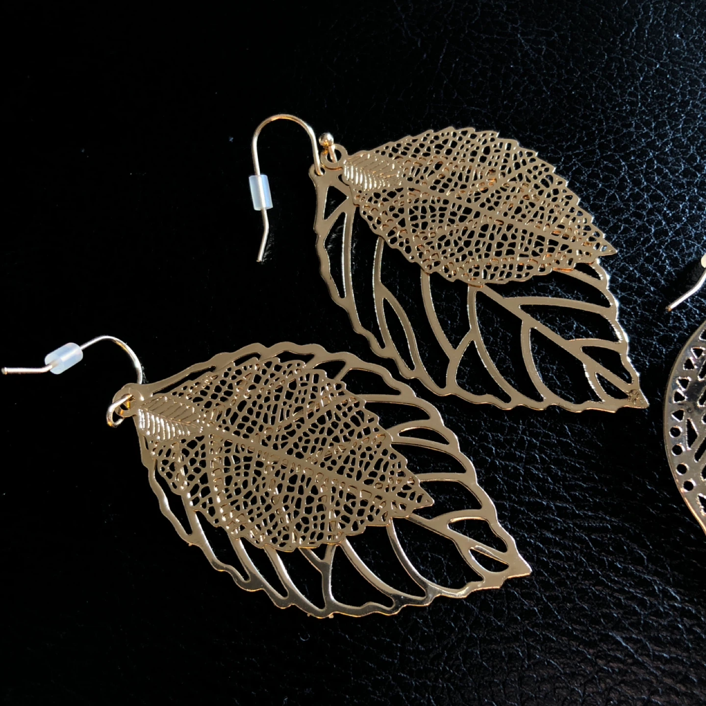Two Pair Gold Tone Filigree Leaf Drop Earrings - photo 2