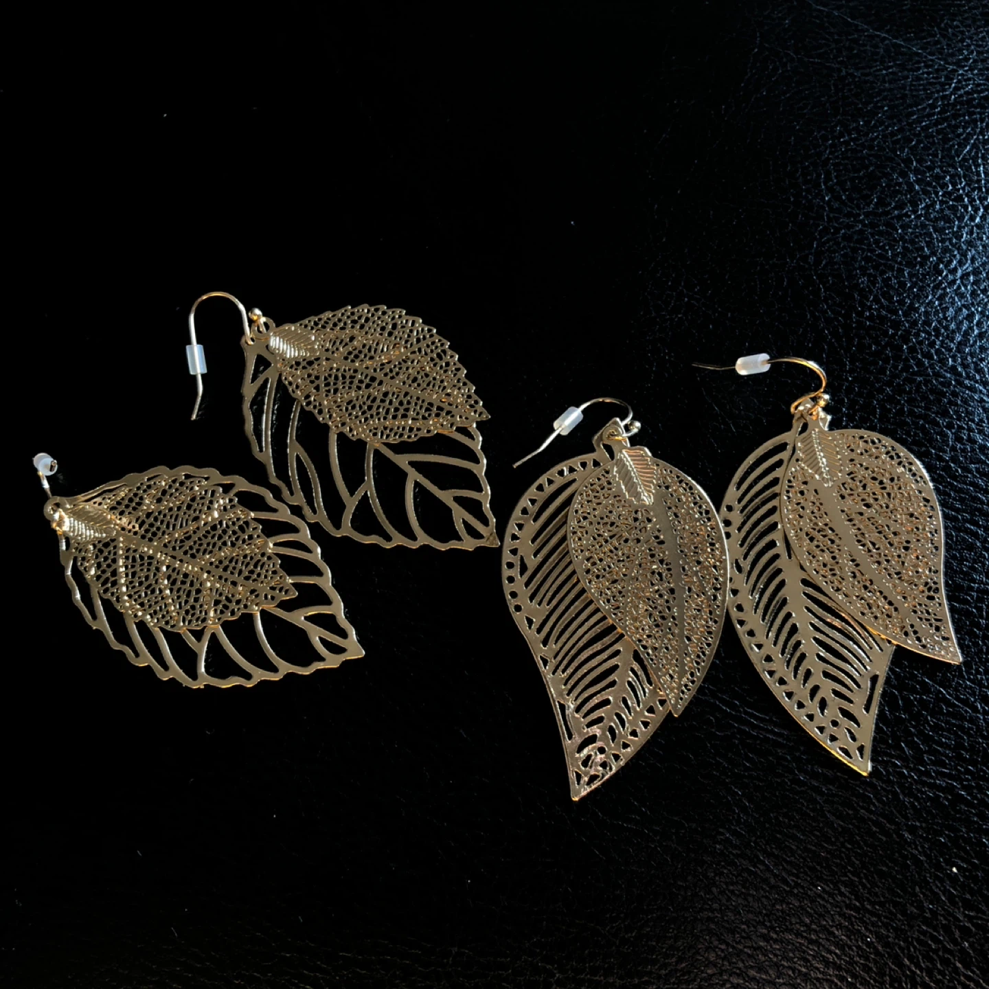 Two Pair Gold Tone Filigree Leaf Drop Earrings