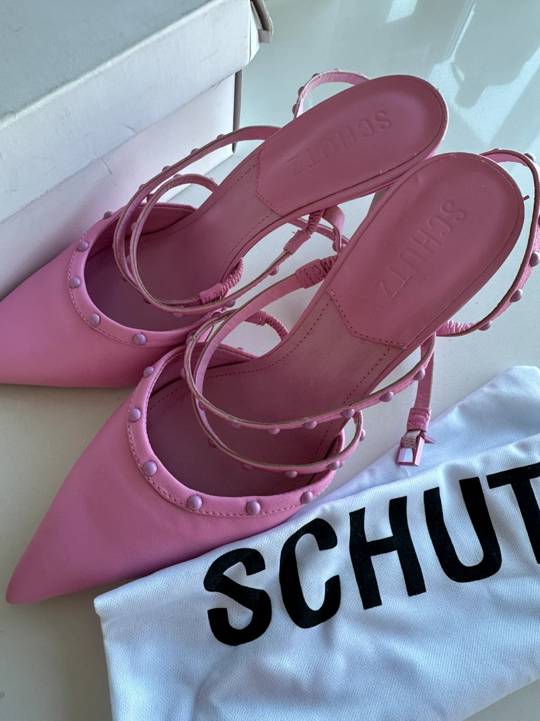 Schutz Pink Studded Ankle Strap Heels - Size 7.5 🏆