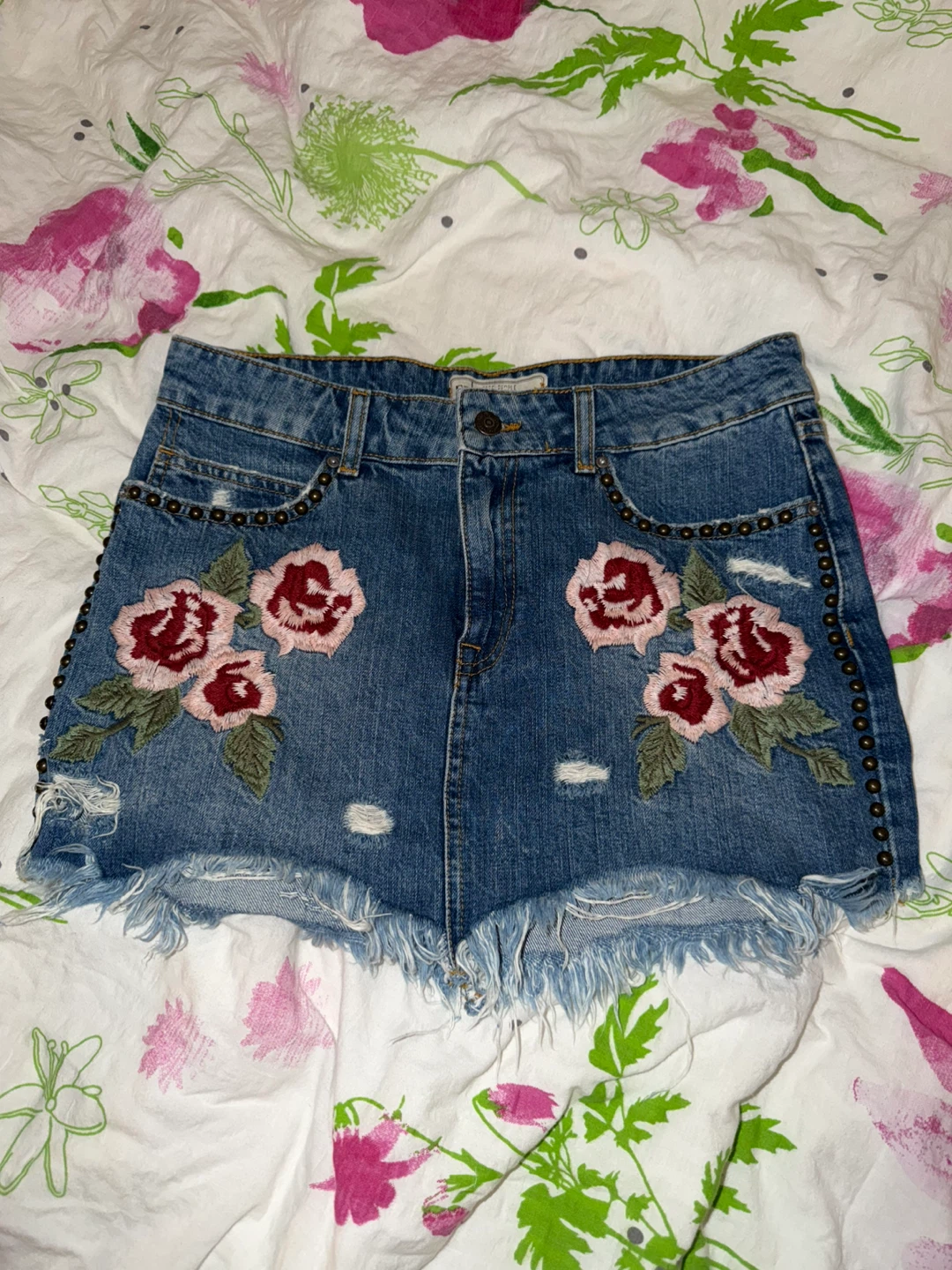 Vintage Free People Embroidered Denim Skirt
