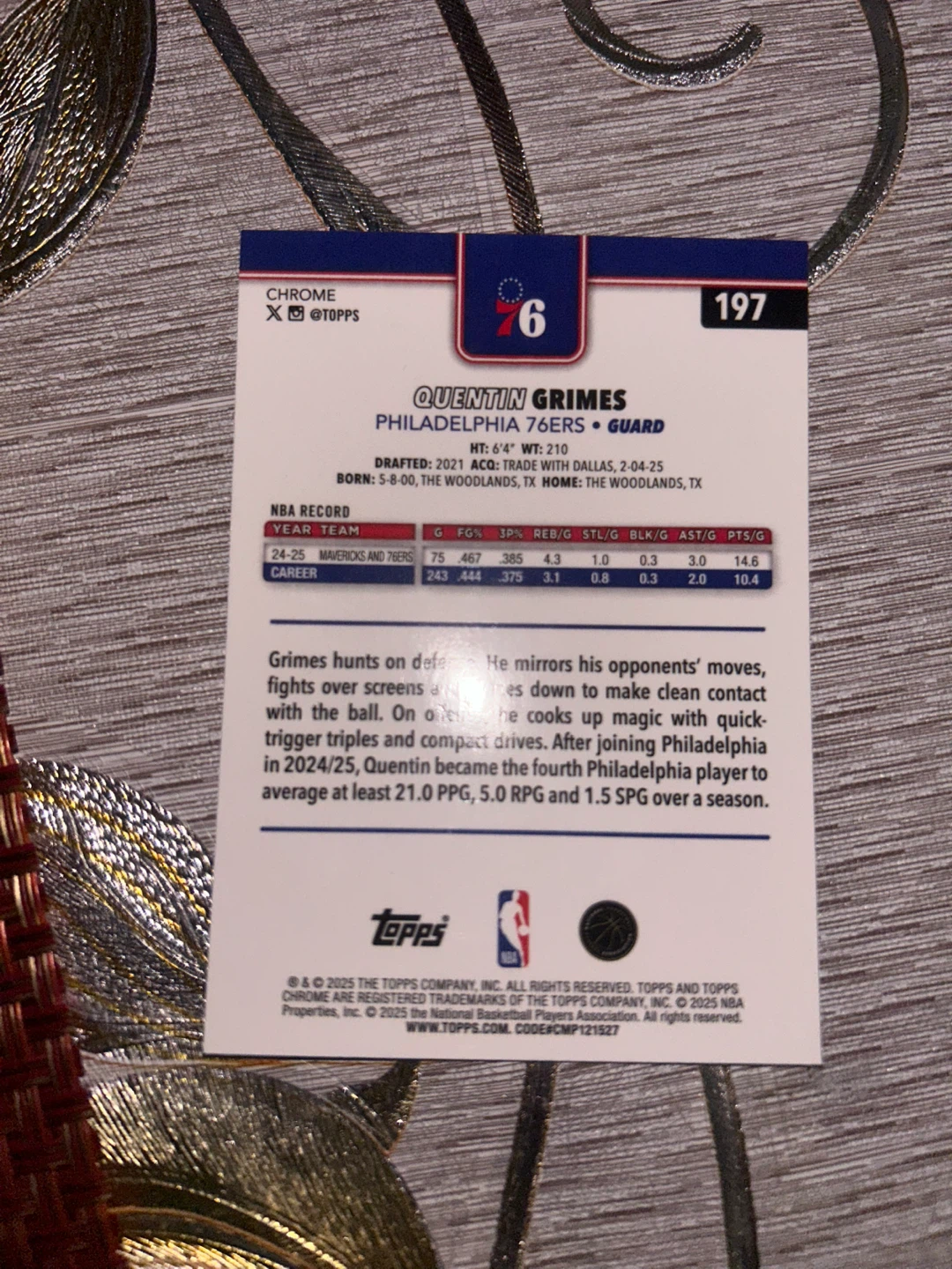 2021 Topps Chrome Quentin Grimes Philadelphia 76ers Card - photo 2