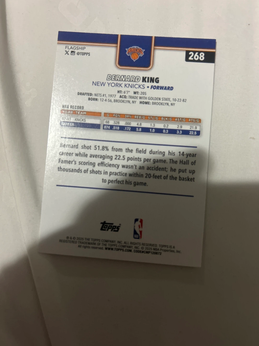 Topps Bernard King New York Knicks #268 Basketball Card - photo 2