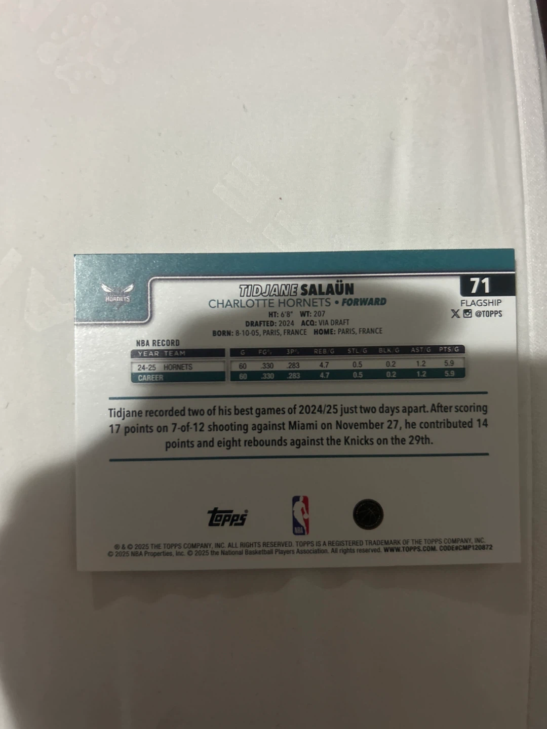 Topps 2024-25 Trading Card - Tidjane Salaun (Charlotte Hornets) - photo 2