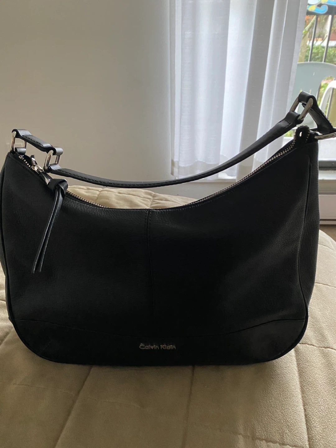 Calvin Klein Black Leather Hobo Handbag New
