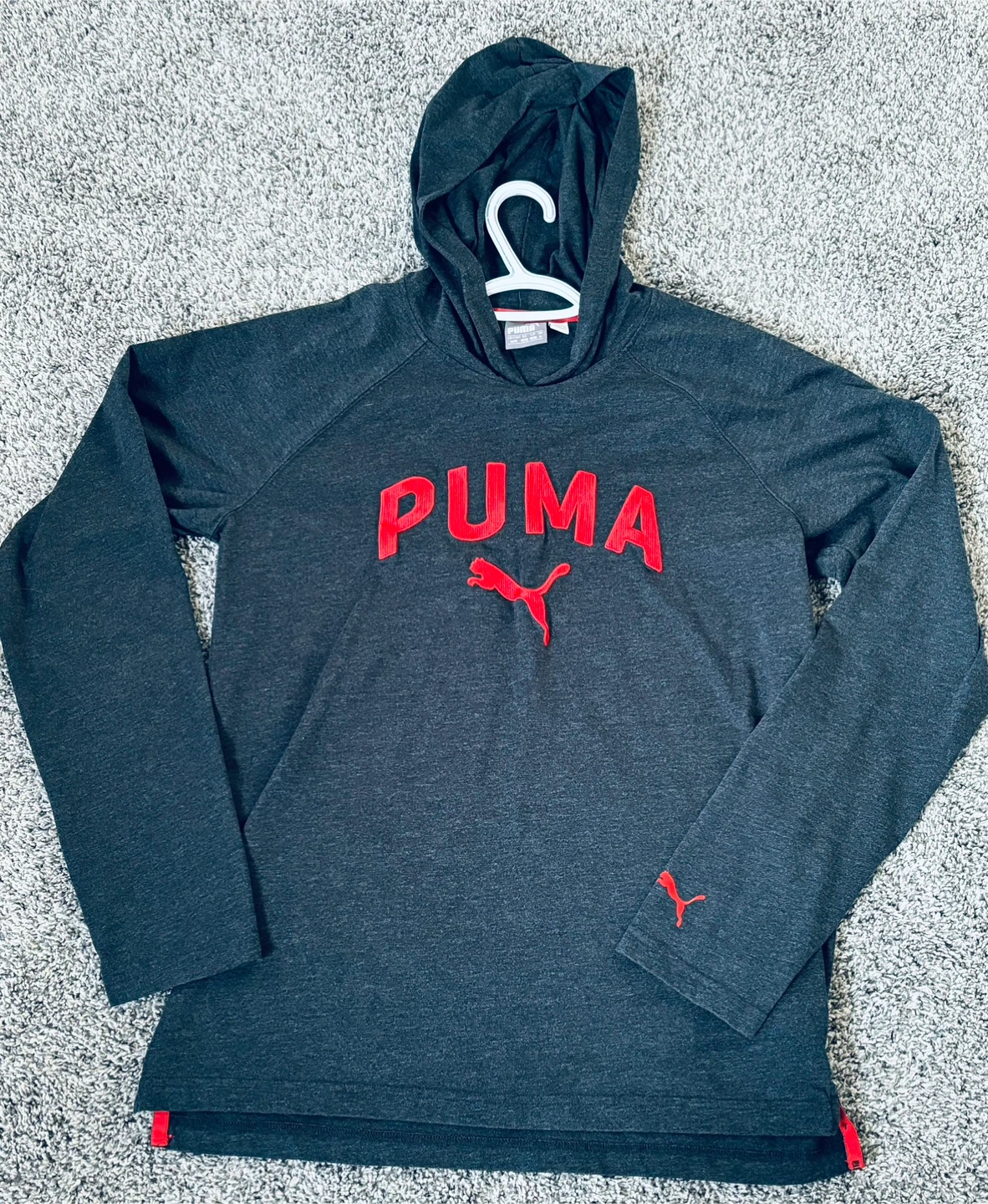 Puma Men's Grey Hoodie with Red Logo - Size Medium
