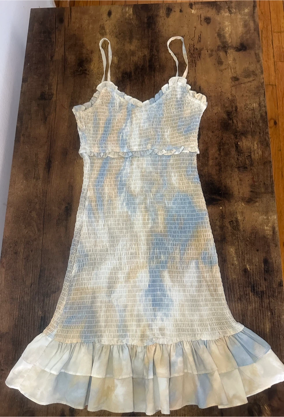 Smocked Sundress with Ruffles - Blue/White Tie-Dye