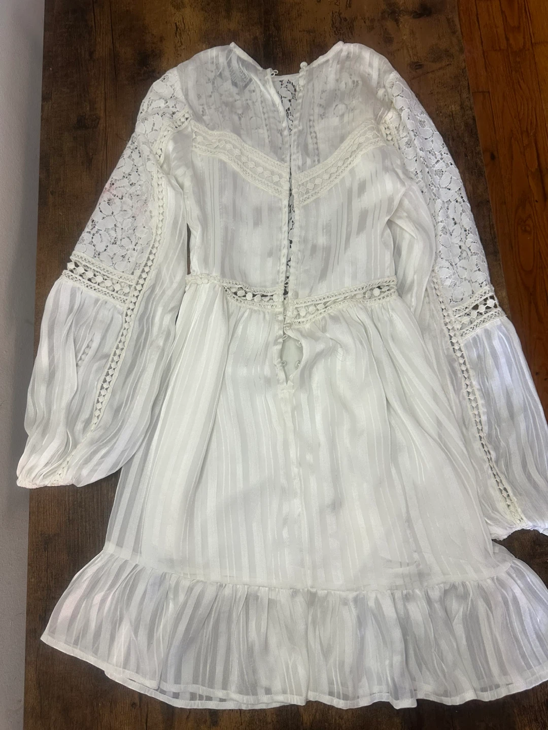 White Lace Trimmed Bell Sleeve Dress