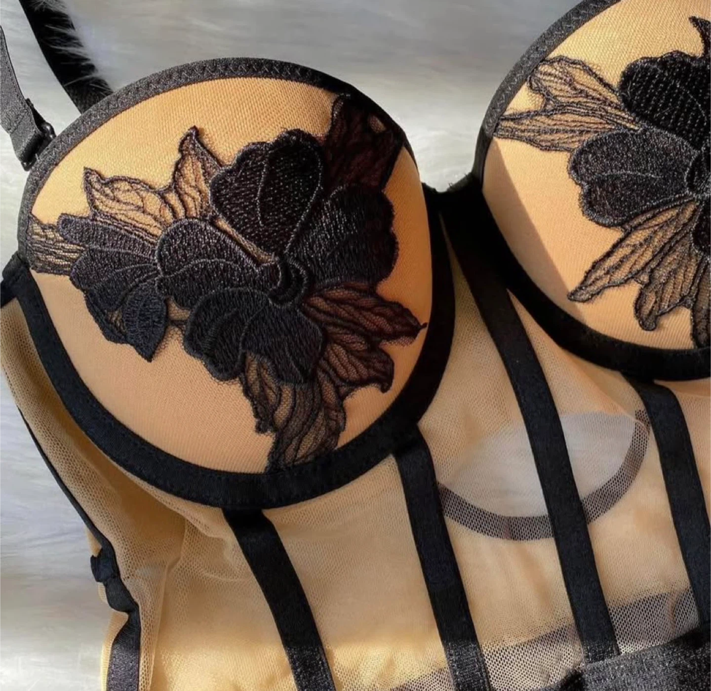 Women's Black & Tan Floral Sheer Corset Bodysuit - photo 2