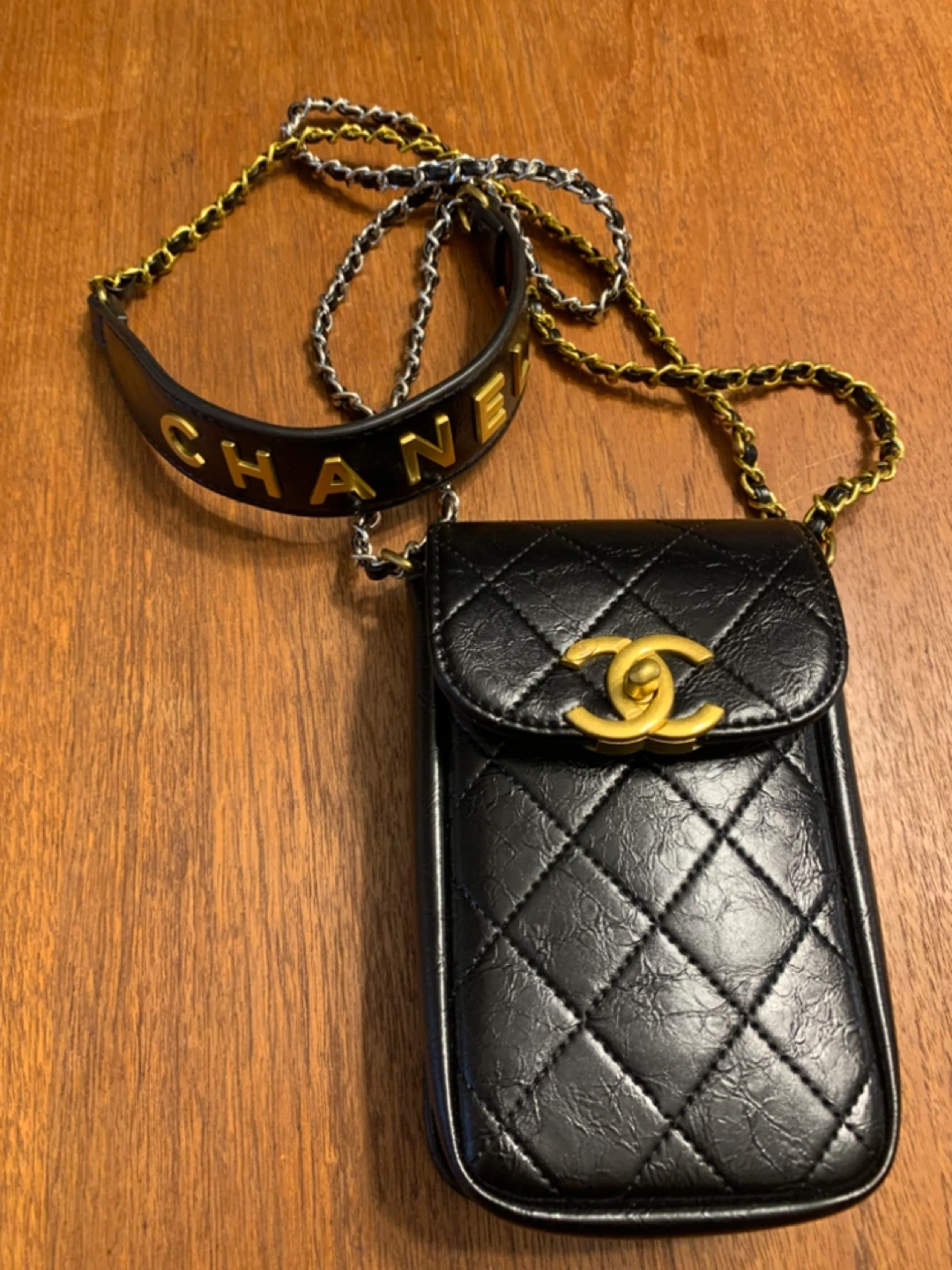 Chanel Black Quilted Phone Holder Bag with Chain