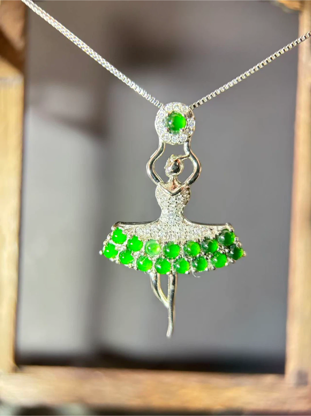 Ballet Dancer Pendant Necklace with Green Gems and Crystals