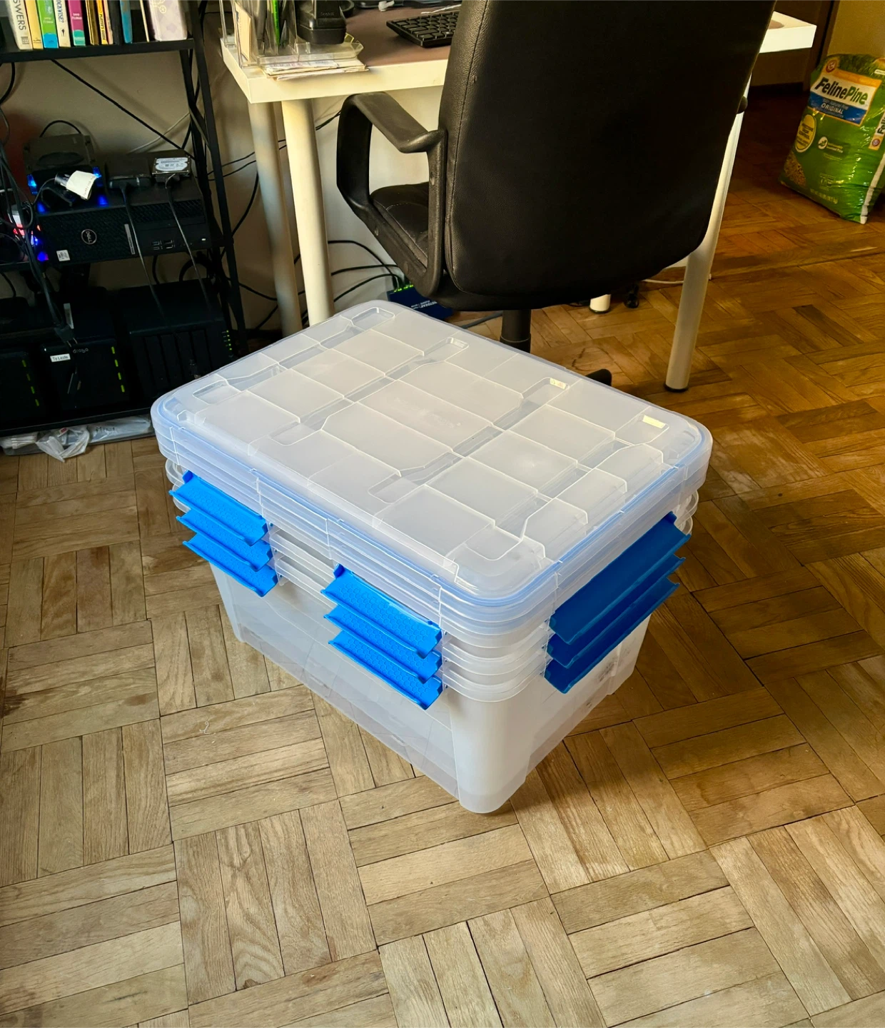 3 Clear Plastic Storage Bins with Blue Latches