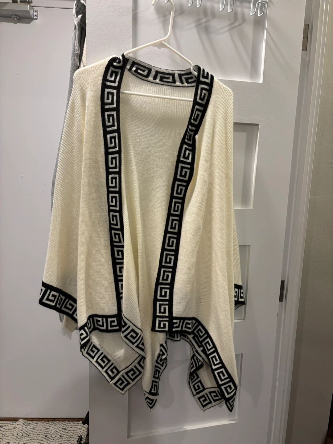 Cream & Black Patterned Poncho Wrap
