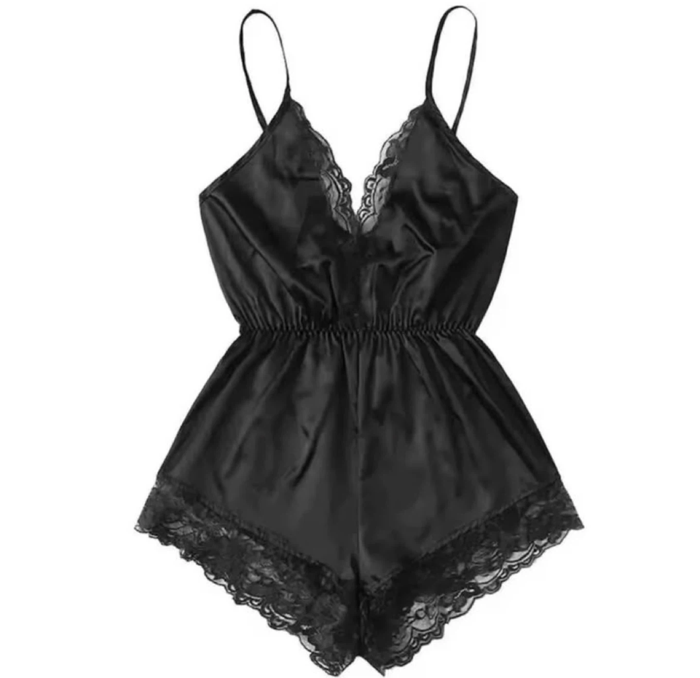 Black Lace Trim Satin Romper