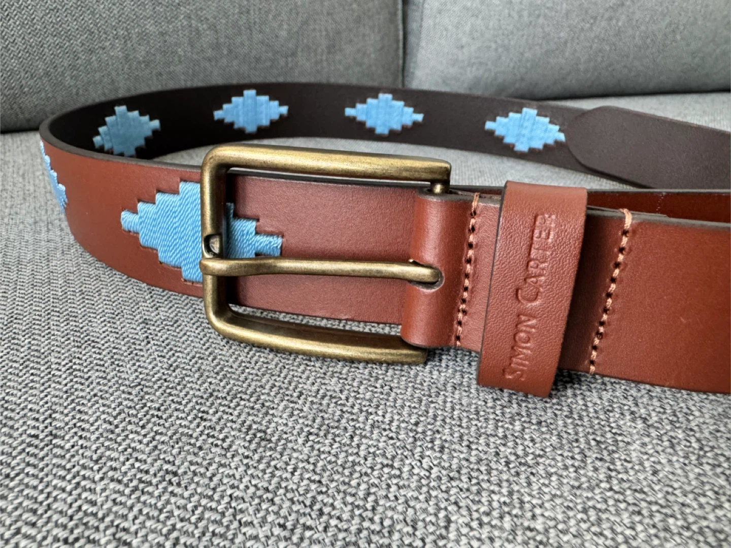 Simon Carter Brown Leather Belt with Blue Diamond Pattern